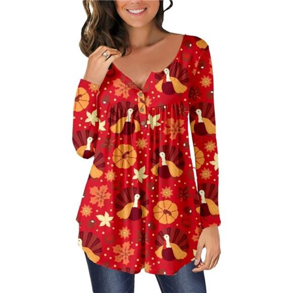Women’s Button Front Henley V-neck Loose Fit Halloween Tunic - Picture 1 of 4